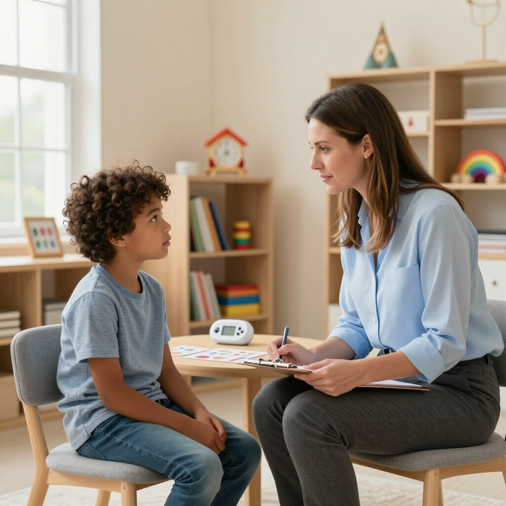 Therapist taking notes while talking with a child in a bright counseling room
