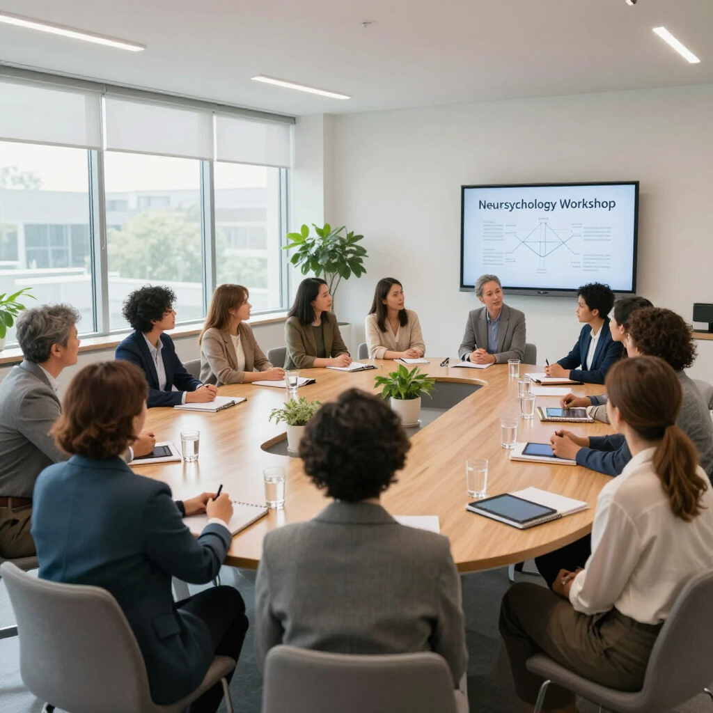 Business meeting in a bright conference room with people seated around a table and a presentation screen.