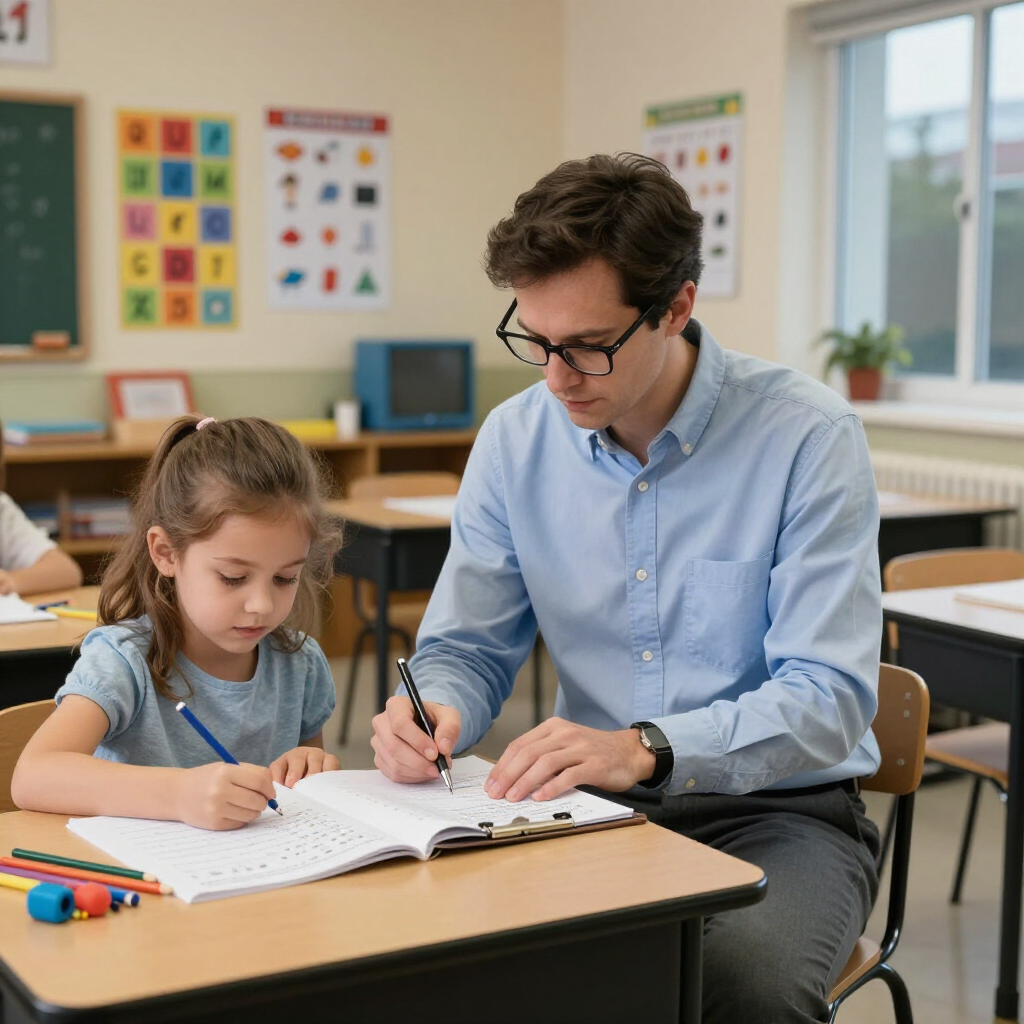 Teacher helping a child write in a classroom at a desk