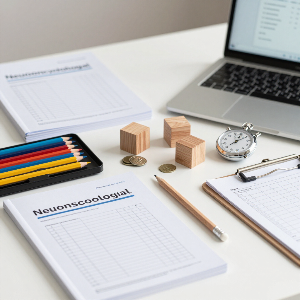 Desk with sketchbooks, colored pencils, wooden blocks, coins, stopwatch, pen, and laptop in a workspace