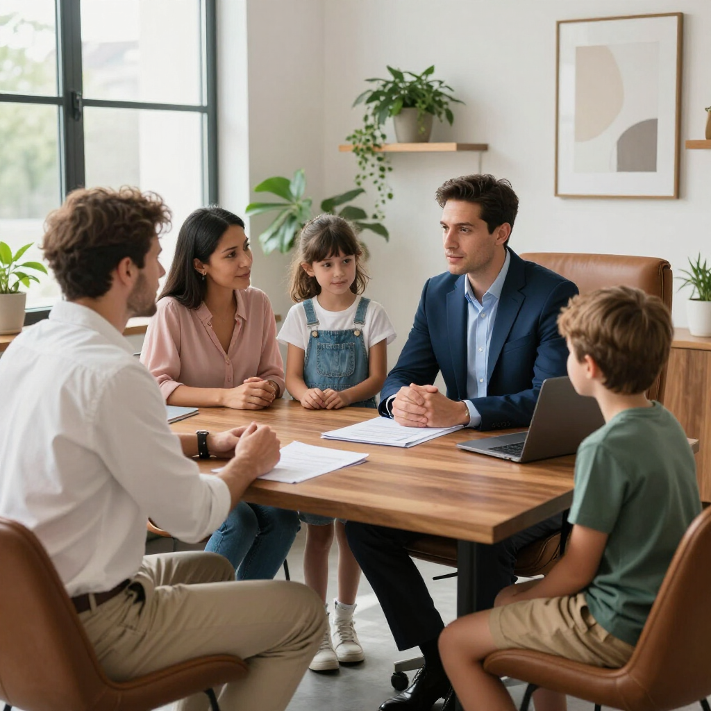Small group in a bright office meeting around a wooden table with papers and notebooks