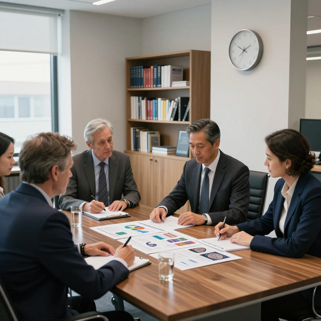 Business meeting in a conference room, with five people reviewing colorful charts on a table