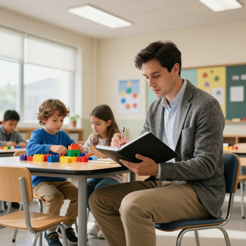 Teacher helping children build blocks at a classroom table while another child writes in a notebook