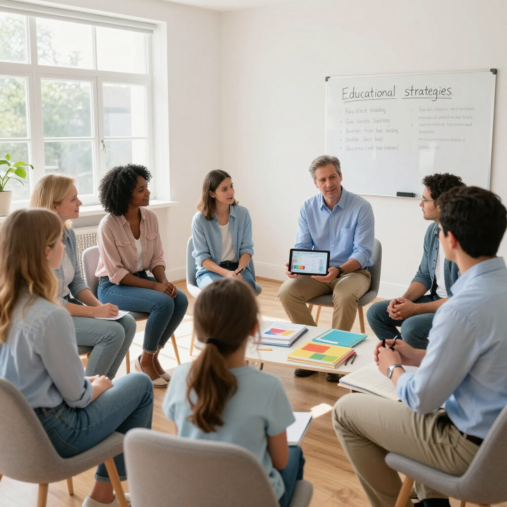 People in a meeting around a table, with a presenter holding a tablet beside a whiteboard.