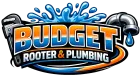 Budget Rooter & Plumbing logo in blue, orange, and black with water splash and pipe graphics