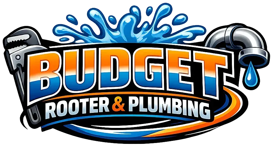 Budget Rooter & Plumbing logo in blue, orange, and black with water splash and pipe graphics