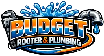 Budget Rooter & Plumbing logo in blue, orange, and black with water splash and pipe graphics