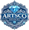 Blue ornate ART SCO DESIGNS logo with a diamond emblem and decorative flourishes