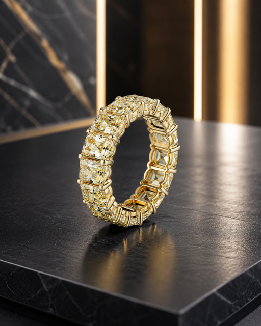 Gold floral ring on a black marble surface with blurred warm lights in the background