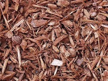 Close-up of brown wood chips or mulch scattered on the ground