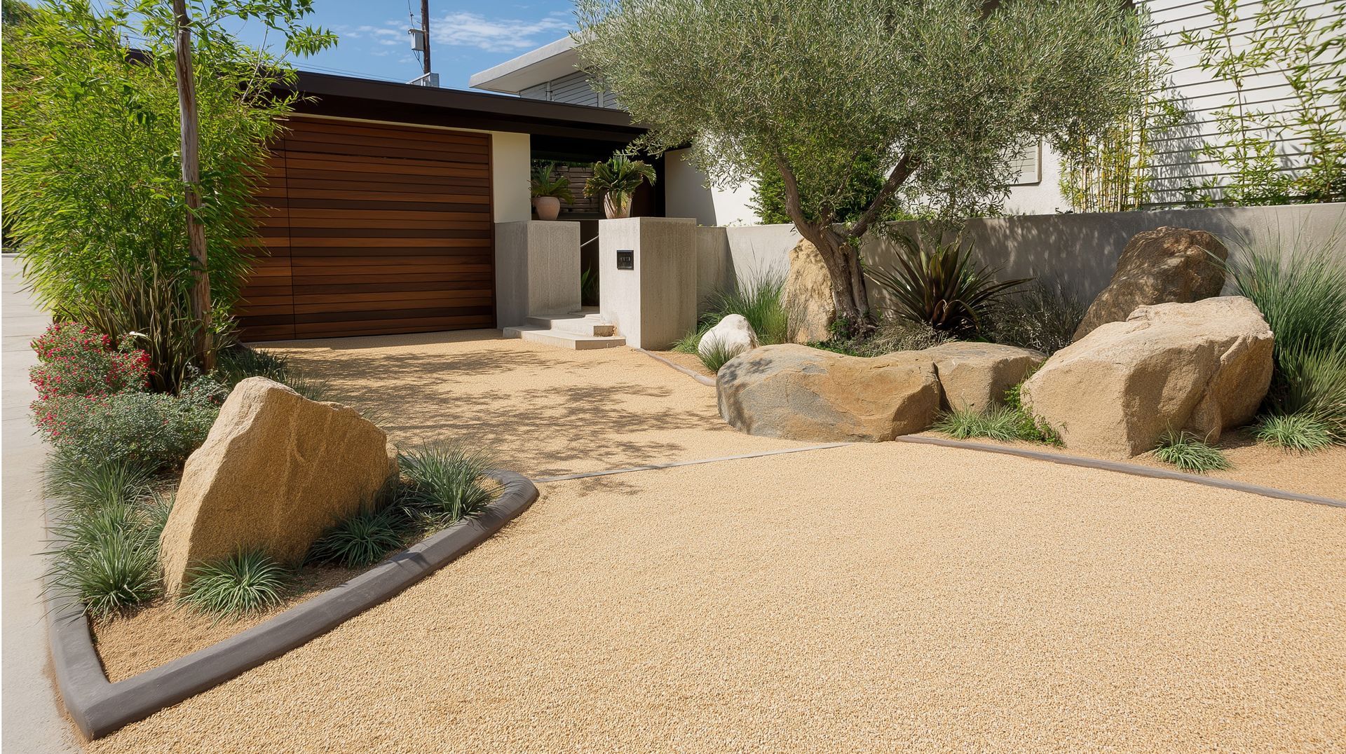 Modern home driveway with gravel landscaping, large boulders, and a wooden garage door among desert plants