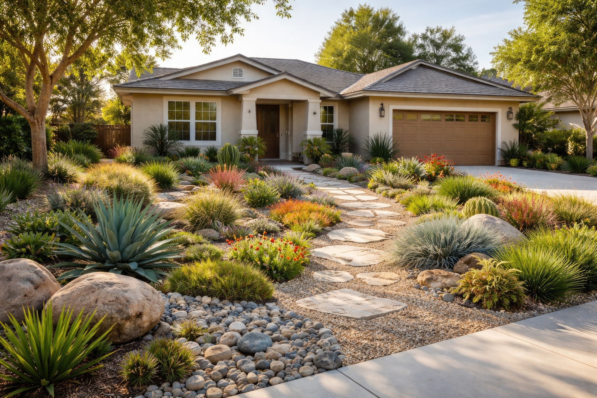Landscaped front yard with succulents, flowering plants, and brick planters in bright sunlight