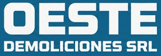 Logotipo de Oeste Demoliciones SRL en texto blanco sobre fondo azul.