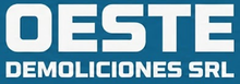 Logotipo de Oeste Demoliciones SRL en texto blanco sobre fondo azul.
