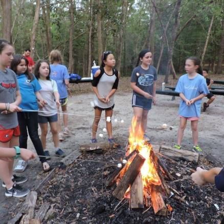 Group of children roasting marshmallows over a campfire in a wooded setting.