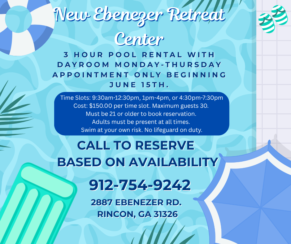 Swimming pool rental advertisement with text on a blue water background. Details include time slots, cost, and phone number.