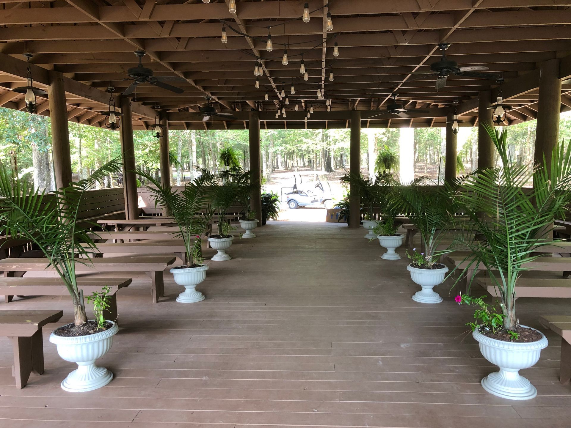 Covered outdoor venue with potted plants lining the walkway. Wooden benches.