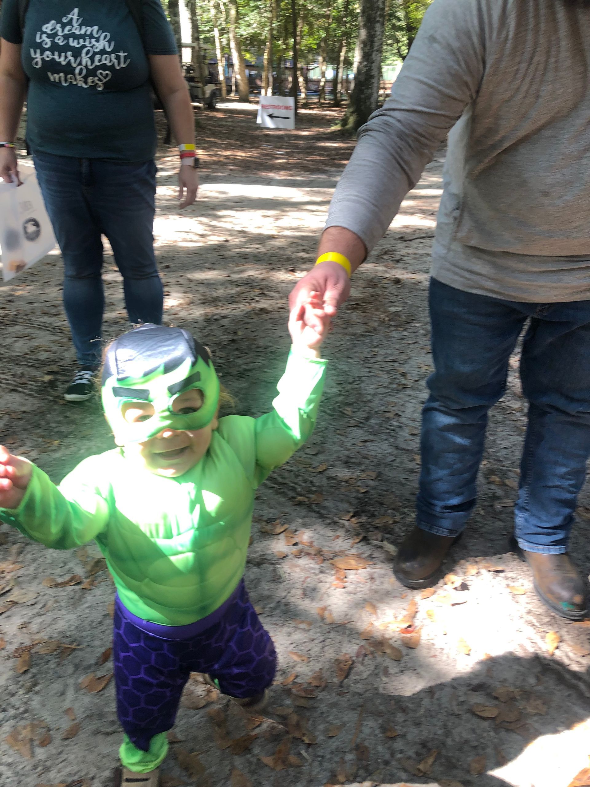 Child in Hulk costume holds hands with an adult, walking in a wooded area.
