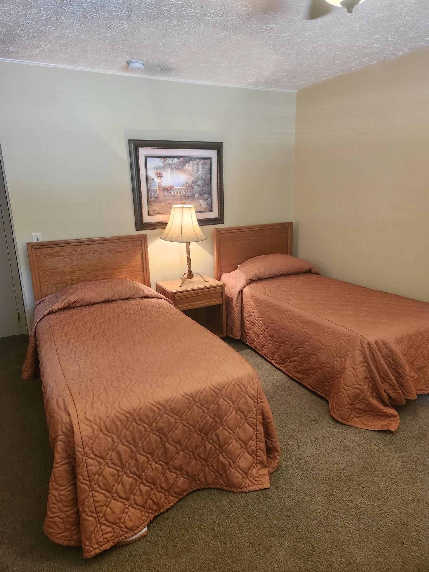Two twin beds in a room with a lamp on a nightstand, artwork on the wall, and brown bedding.