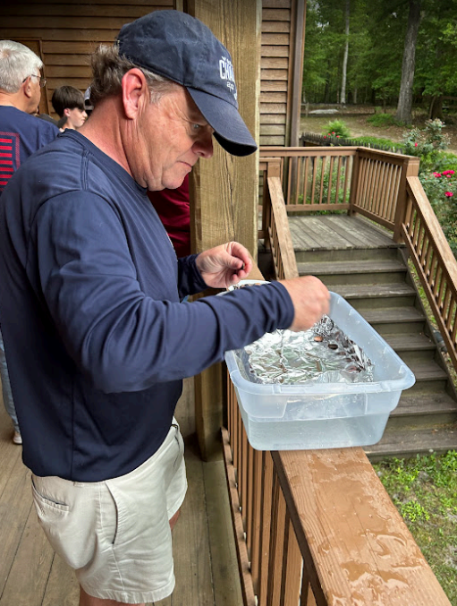 Man in blue shirt and hat examines items in a water-filled bin on a porch.