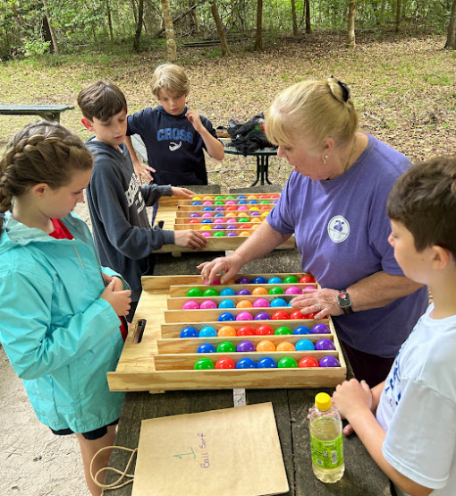 Children and an adult play a ball sorting game on a picnic table in a wooded area.