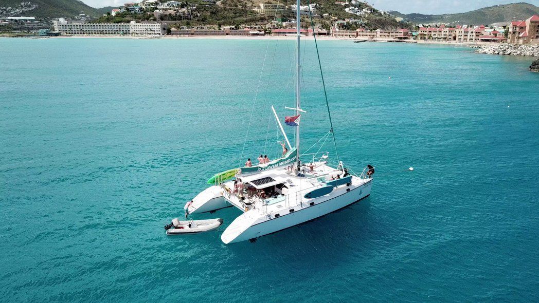 Aerial image of Random Wind catamaran anchored in St Maarten