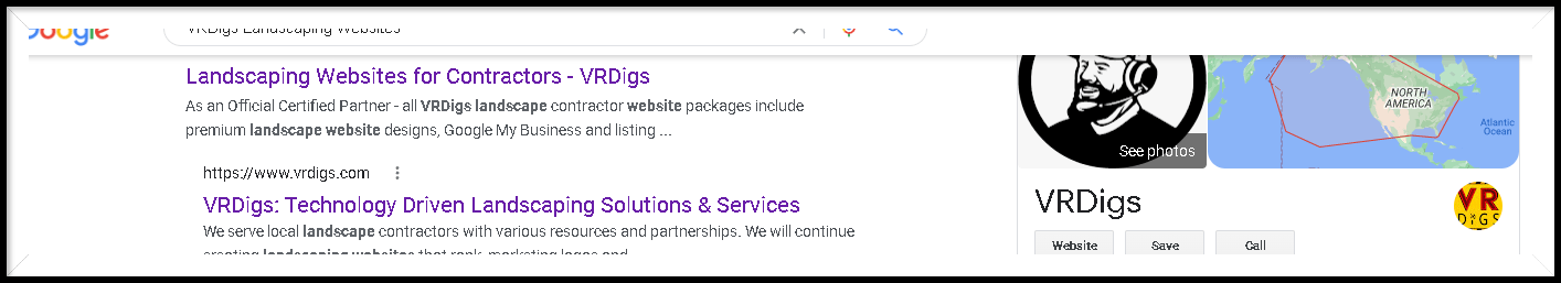 VRDigs.com Landscaping Websites Google Search Results screenshot