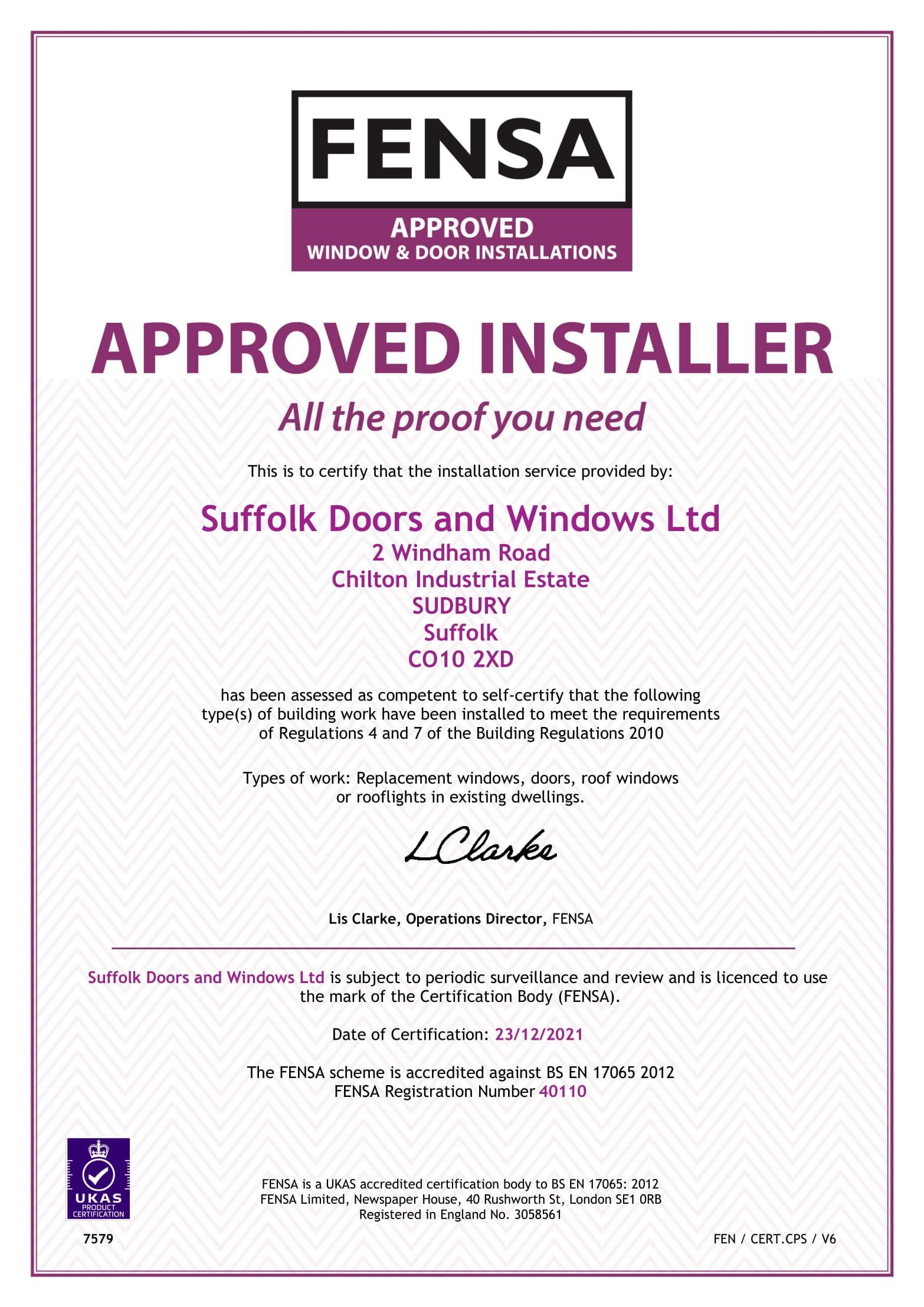 FENSA Approved Installer Certificate