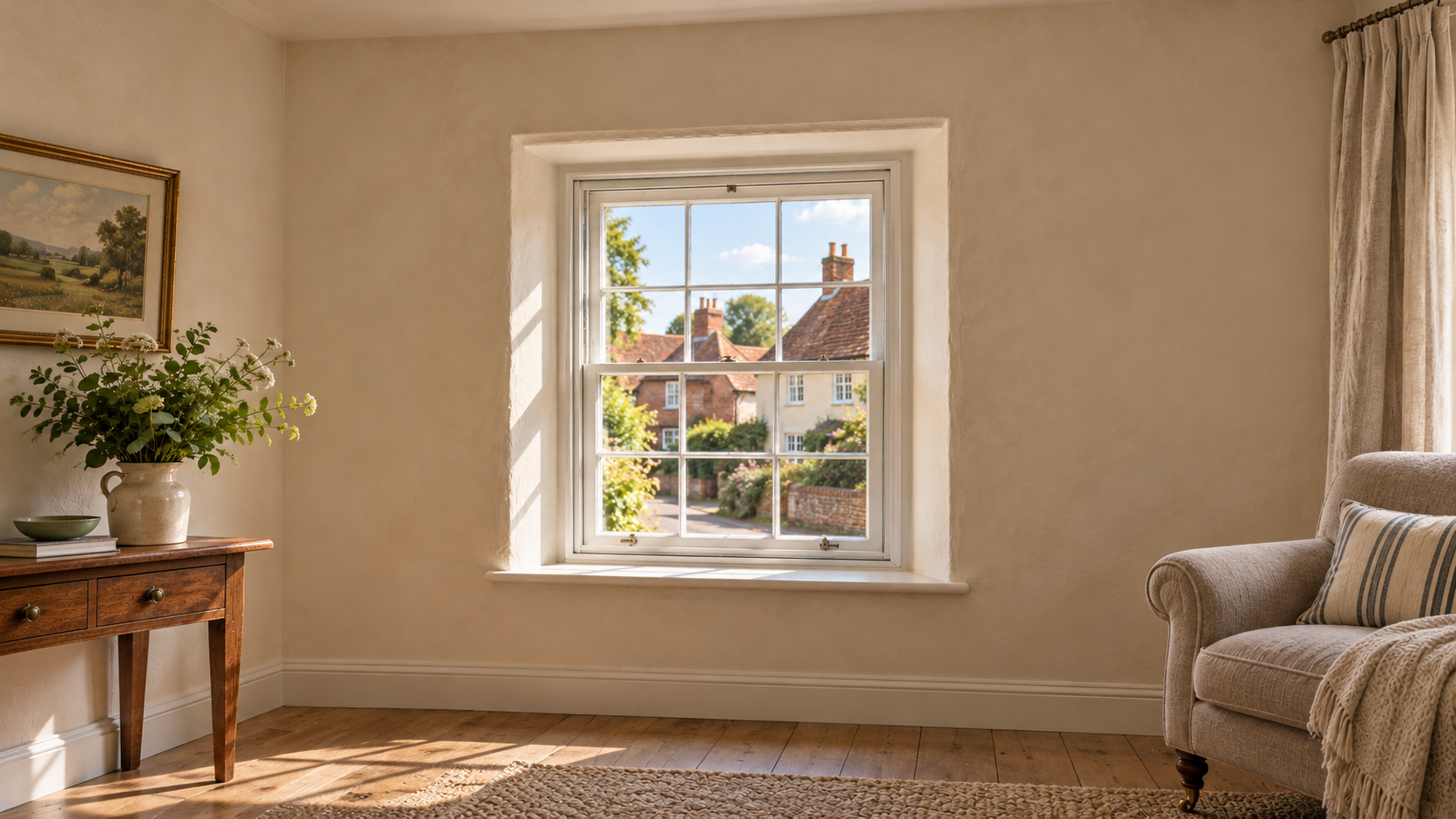 Illustration of secondary glazing inside a traditional sash window in a Suffolk-style period home.