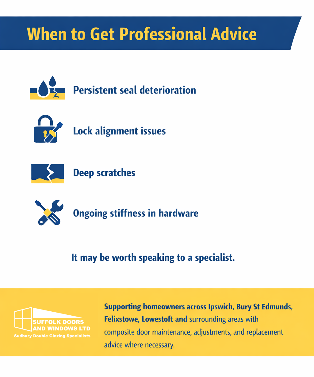 Step-by-step guide showing when you need professional help for composite doors maintenance in Suffolk homes, including safe cleaning of GRP exterior door surfaces