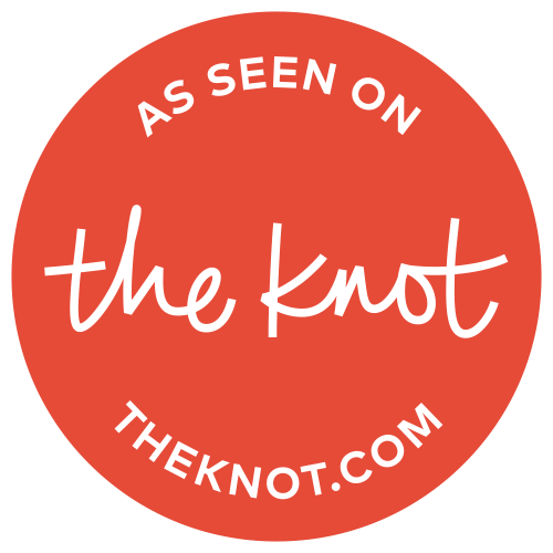 Red circular badge reading “As Seen on the Knot” with “the knot” and “THEKNOT.COM” in white text