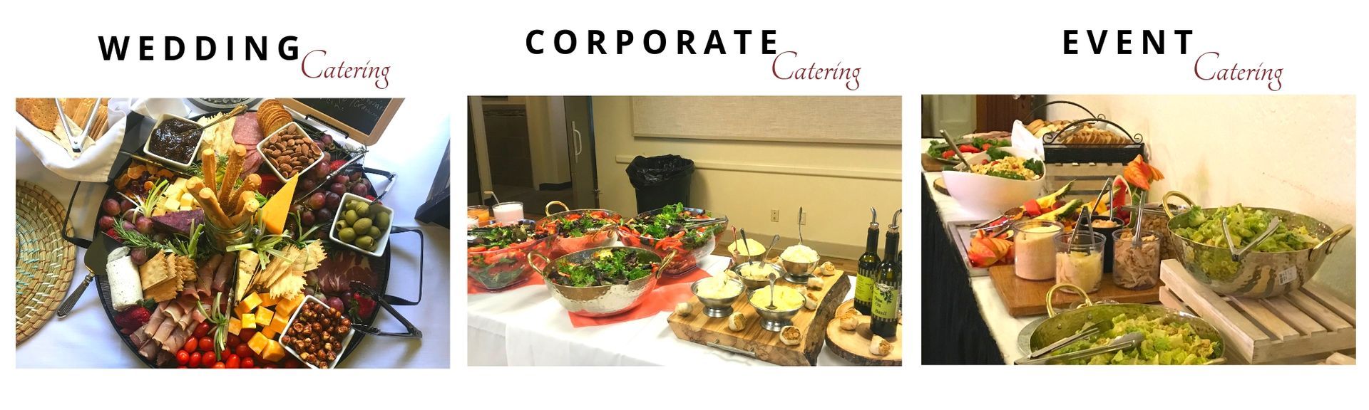 Wedding, corporate, and event catering platters with colorful food displays on a table.