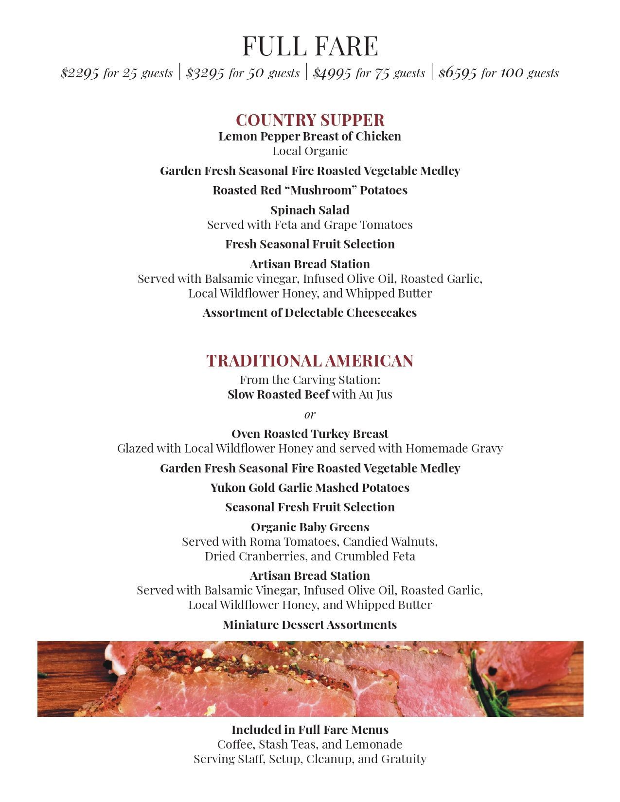 Faded restaurant menu with “FULL FARE” heading and photo of a plated dish at the bottom