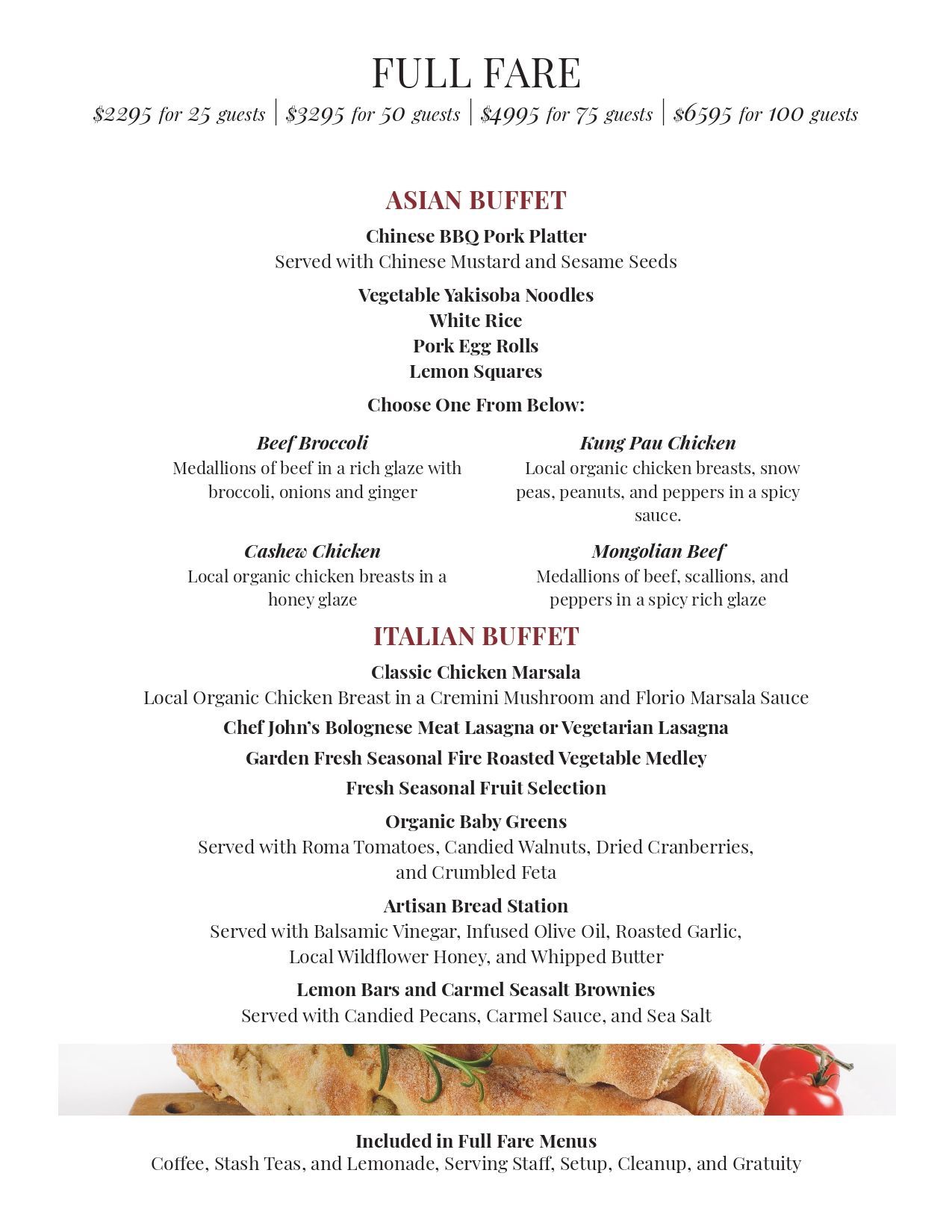 Flyer for a full-fare Asian buffet and Thai buffet with menu items listed in black text.