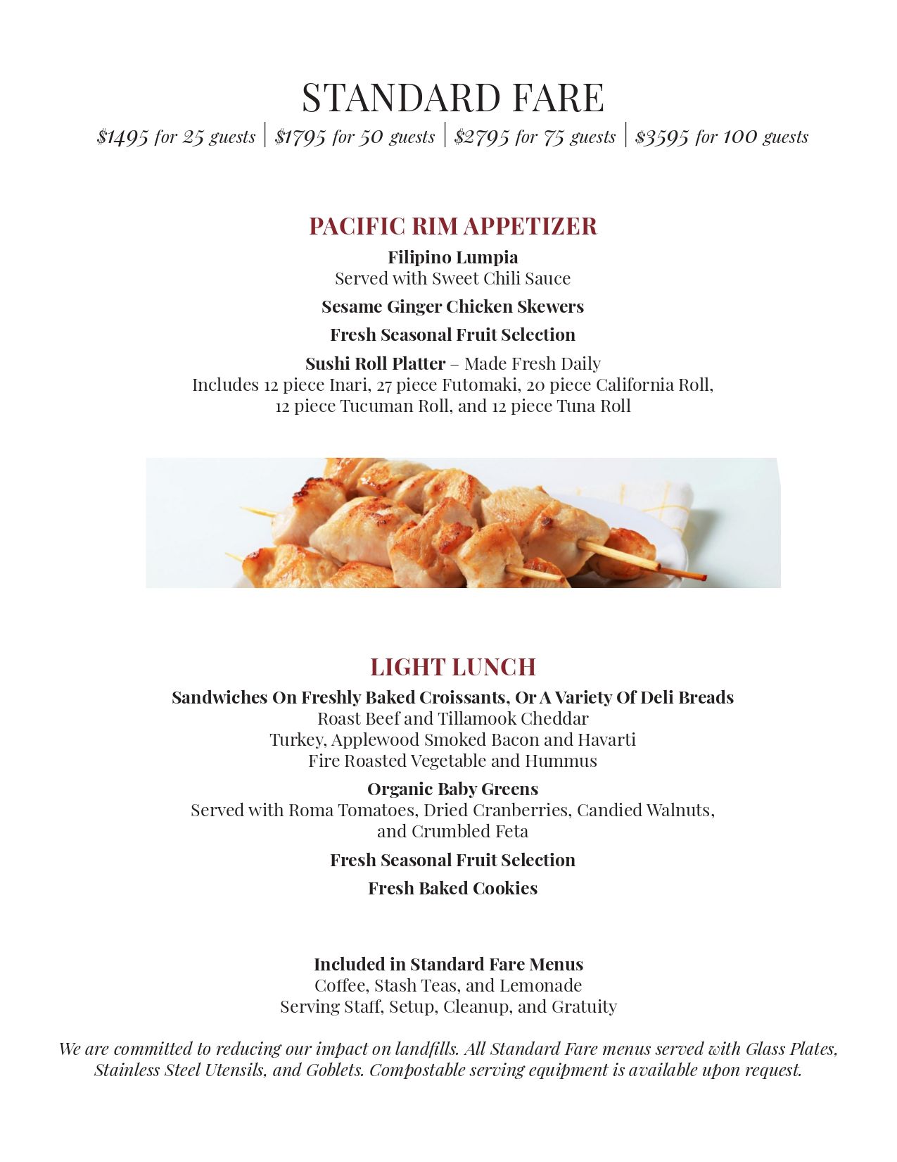Menu flyer with a plate of pastries and two dessert sections: standard fare and light fare.