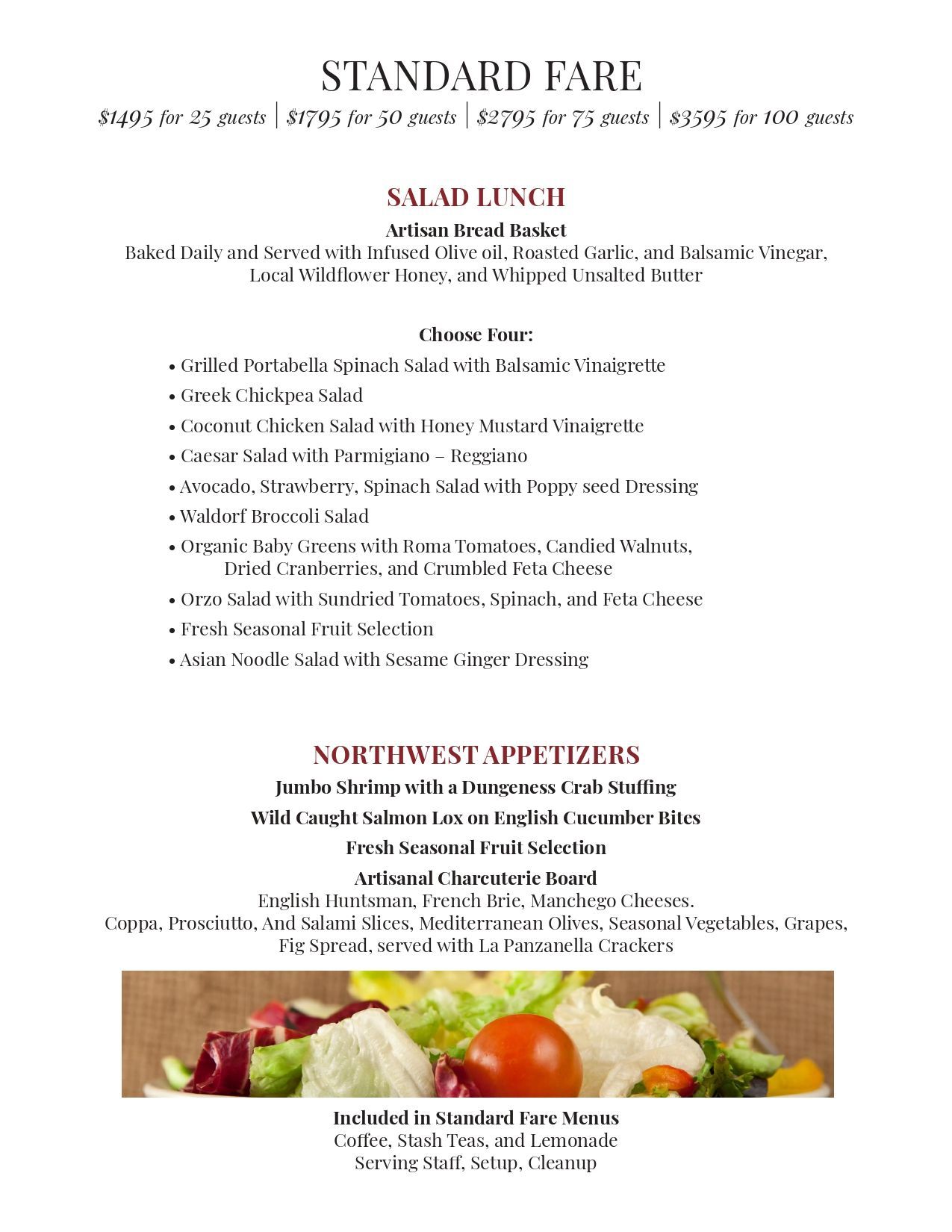 A white flyer with red headings and bullet points, plus a vegetable produce photo at the bottom.