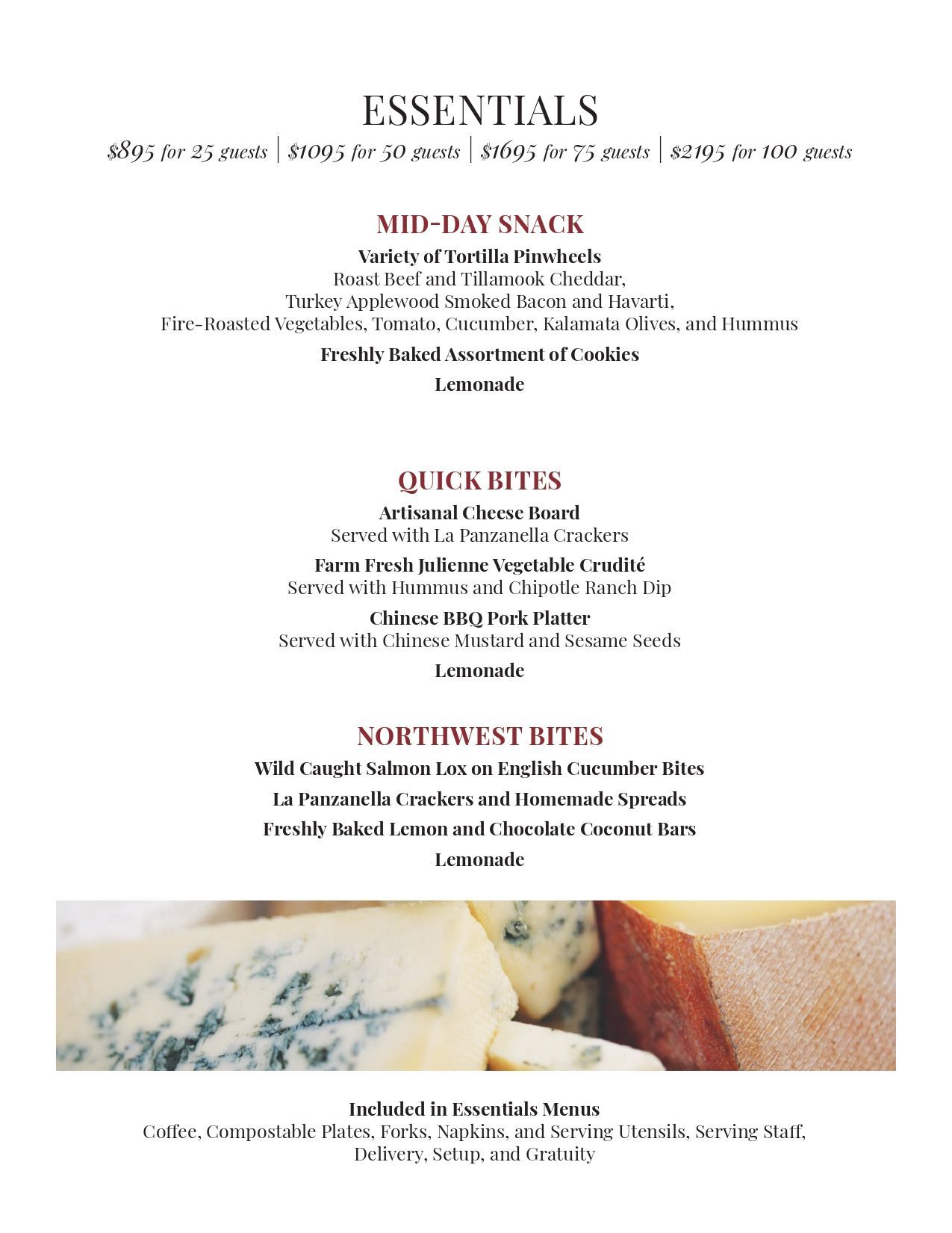 Menu page with headings for appetizers, entrées, and desserts, plus a small food photo at the bottom