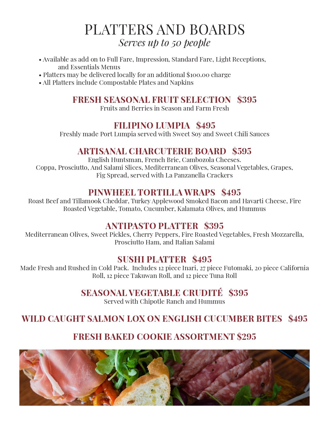 Restaurant menu titled “Platters and Boards” with assorted meat, seafood, and appetizer options over a food photo