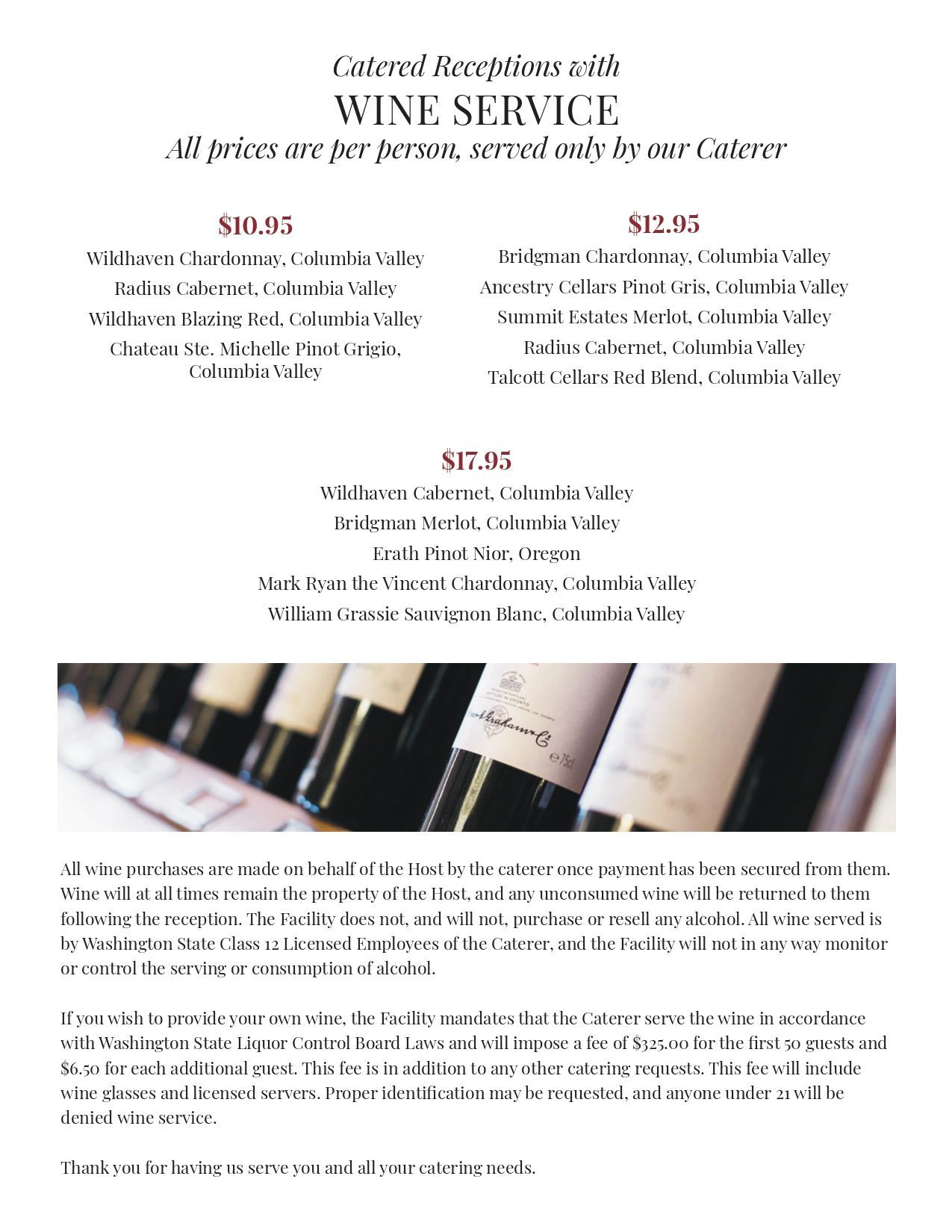 Wine service menu with bottle lineup and drink descriptions on a white page