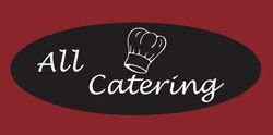 All Catering logo with white text and chef hat on a black oval over a red background