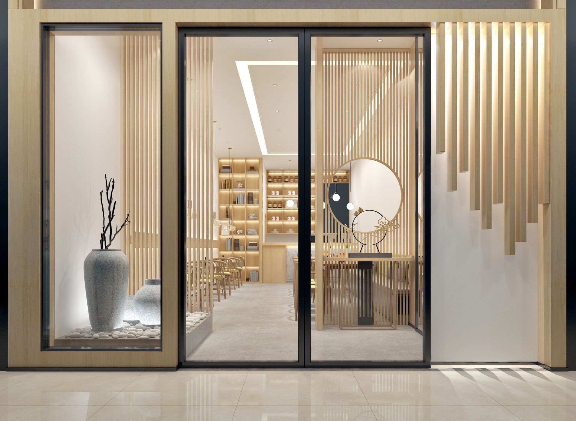 A 3d rendering of a store front with sliding glass doors.