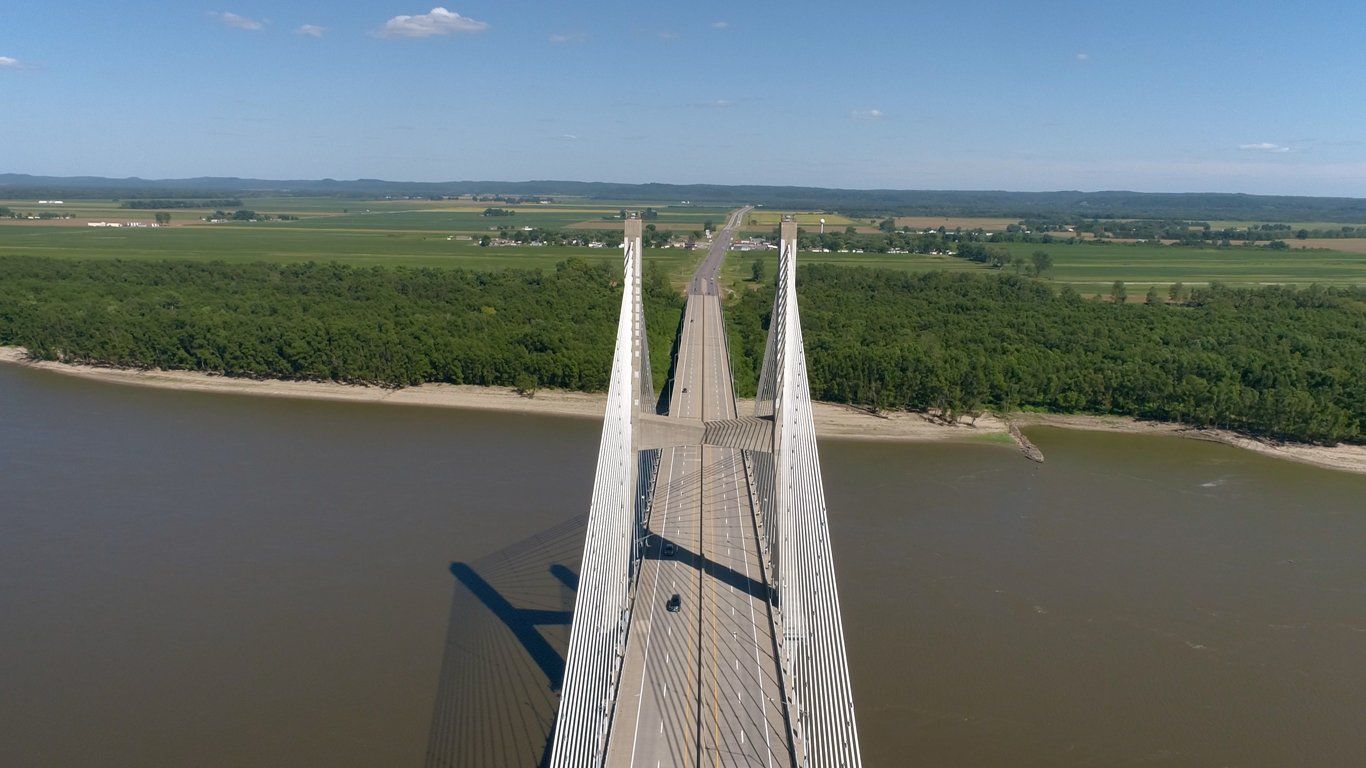 An aerial view of a bridge over a river.