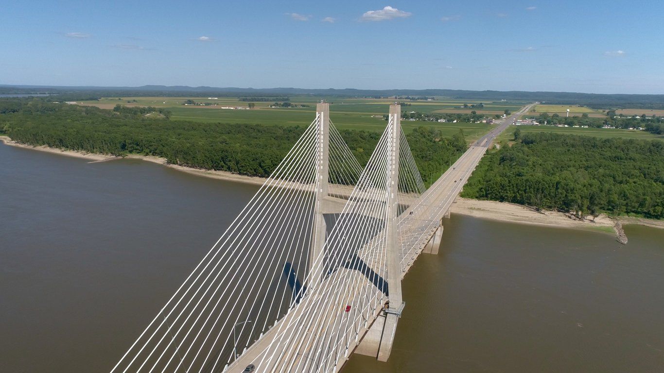 An aerial view of a bridge over a large body of water.