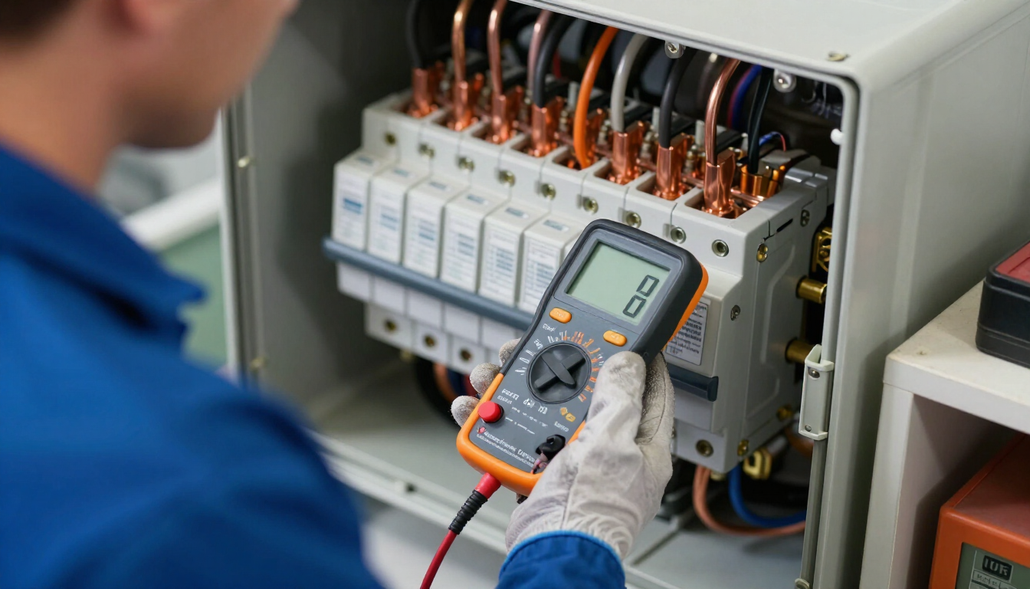 Technician testing an electrical panel with a multimeter in a workshop