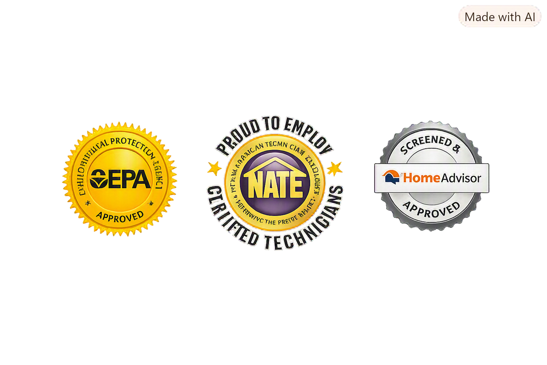 Three certification logos: EPA, NATE, and HomeAdvisor on a white background.
