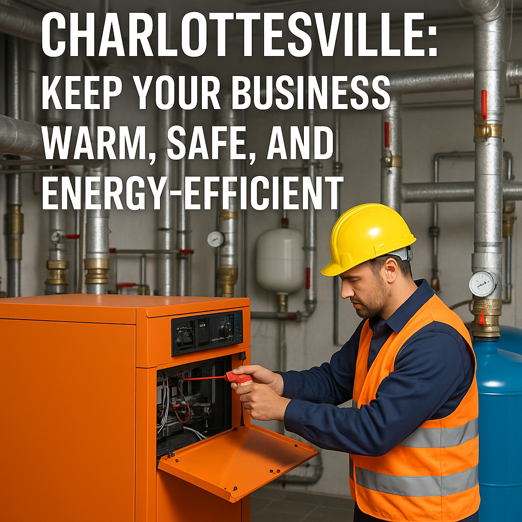 Charlottesville ad: technician in hard hat inspects orange heating equipment in a boiler room to improve efficiency