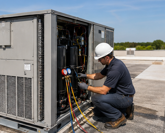 Technician in hard hat servicing HVAC unit for Preventive Maintenance Services for Commercial HVAC Systems in VA