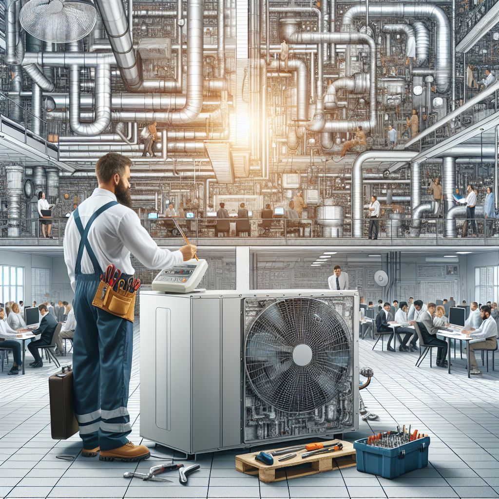 Technician inspecting HVAC unit in a large industrial workshop with exposed pipes and equipment indoors