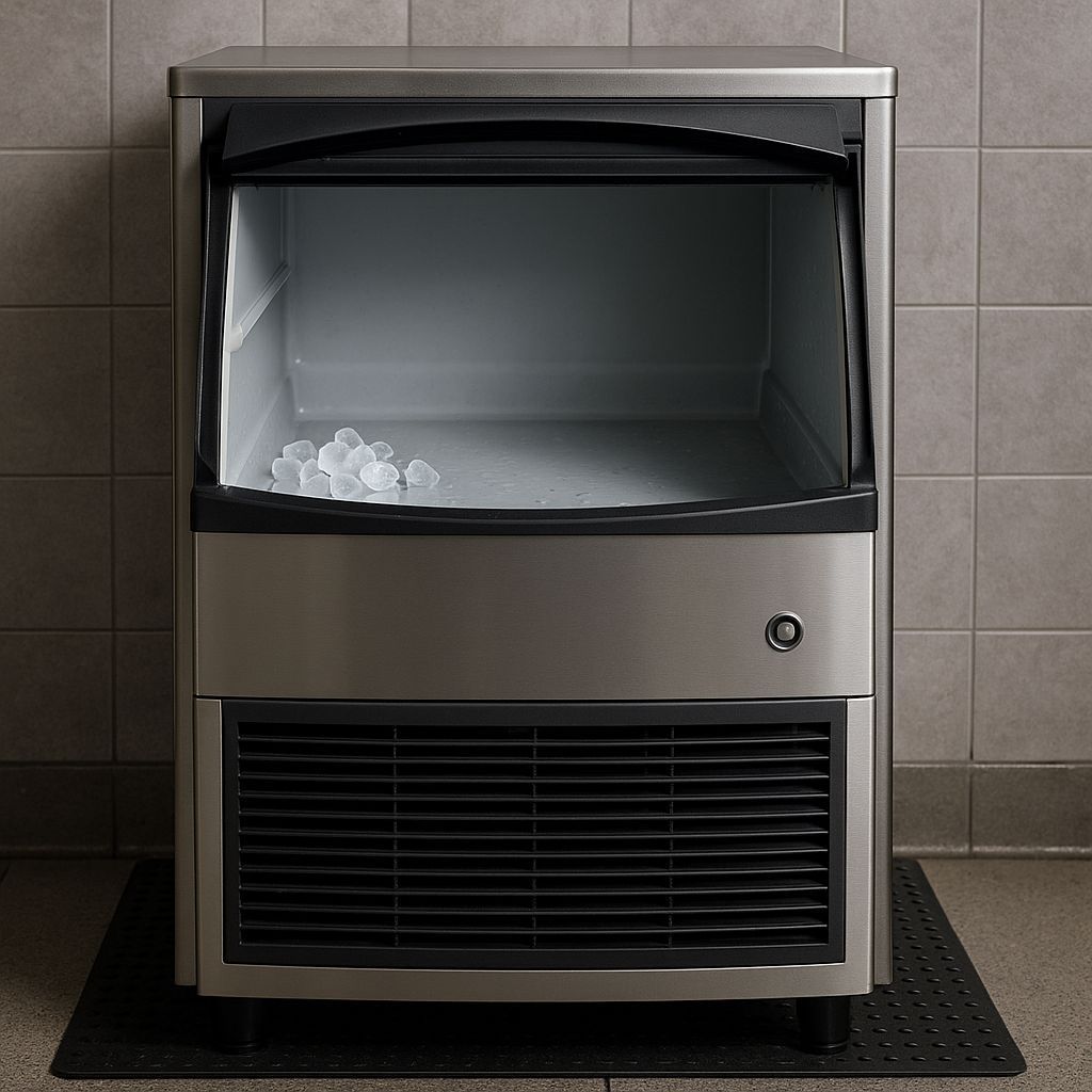 Stainless steel ice machine with bin and a few ice cubes, against a tiled wall.