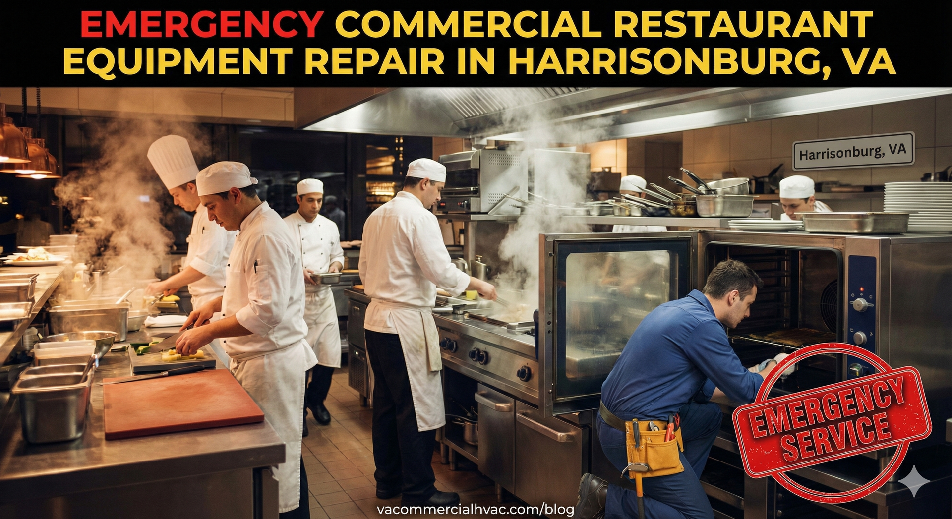 Emergency commercial restaurant equipment repair in Harrisonburg, VA, with chefs and a technician fixing kitchen equipment